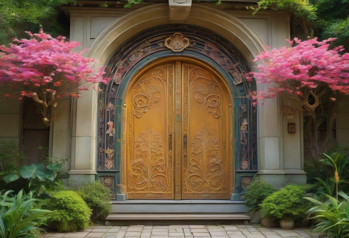 A whimsical, ethereal landscape featuring a giant, intricately designed key unlocking a door to another world, surrounded by vibrant and fantastical anime characters in dynamic poses. Lush, colorful flora and whimsical creatures populate the scene, creating a sense of magic and adventure. Soft, glowing light emanates from the open door, hinting at an enchanting realm beyond. Incorporate elements of traditional Japanese art styles blended with modern anime aesthetics. vibrant colors. fantasy art. whimsical style.