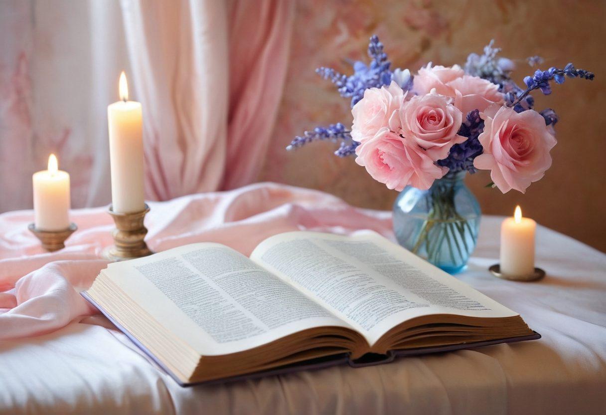 A tastefully illustrated open book with pages featuring subtle, abstract sensual imagery. Surrounding the book are soft, glowing candles, and delicate silk sheets to evoke a feeling of intimacy and allure. The background is a dreamy blend of pastel colors, creating an atmosphere of fantasy and excitement. Include an artistic flair that hints at sensuality without being explicit. watercolor painting. vibrant colors.